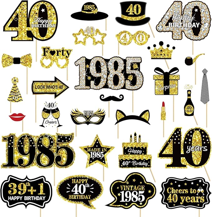 30Pcs 40th Birthday Decoration Photo Booth Props for Men Women, Funny Black Gold Vintage 1985 40th Birthday Props Kit with Sticks Party Supplies, Cheers to 40 Bday Photo Props Sign Decor
