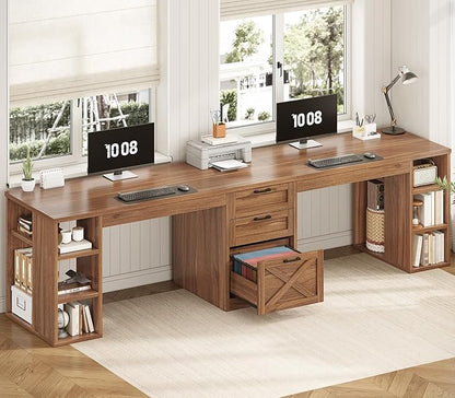 SEDETA Farmhouse 96.5" Computer Desk with Drawers, 2 Person Home Office Desk, Gaming Double Desk with Storage Shelves, Long Two Person Writing Desk, Brown