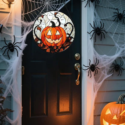Stained Glass Window Hanging - Halloween Decorations Pumpkin Ghost Suncatcher for Doors Garden Indoor Spooky Funny Orange Sun Catchers Gothic Decor Horror Gifts for Women Men Friend 7.8 in