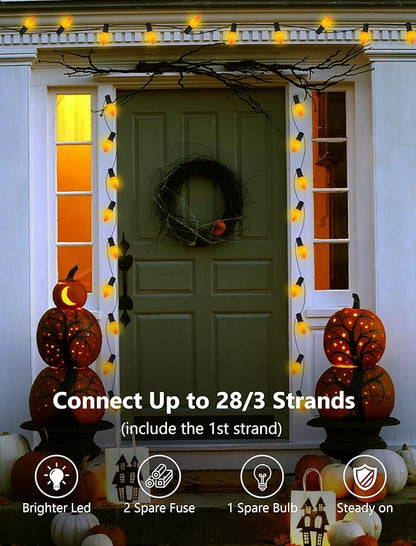 25FT LED Halloween Outdoor String Lights with 26 C9 Candle Shape Shatterproof Plastic Bulbs,2700K Waterproof Connectable Orange LED String Lights for Home Garden Halloween Christmas Fall Decor