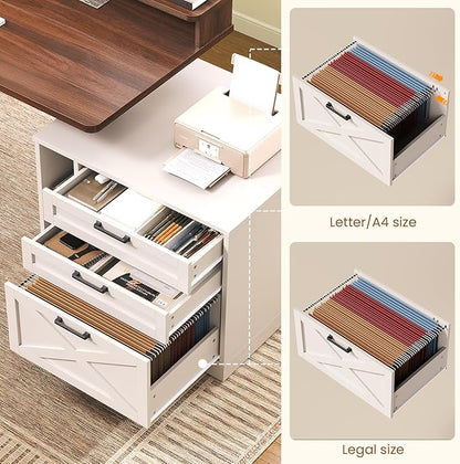 SEDETA Farmhouse Electric Standing Desk, 55" Height Adjustable Computer Desk with 3 Drawers, File Cabinet, Storage Shelves, Power Outlets, Wood Home Office Desk for Work, Study, Writing, White