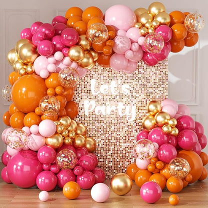 Pink and Orange Balloons Arch Kit - 164pcs Hot Pink and Orange Metallic Gold Confetti Balloons in Different Size 18 12 10 5inch for Summer Tropical Birthday Sunset Party Graduation Decorations