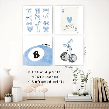 okaxscm Light Blue Coquette Trendy Preppy Wall Art Prints Set of 4, Coquette Preppy Room Decor, Blue Bow Disco 8 Ball Cherry Wall Decor Posters for Girls Bedroom Dorm, 10x10 Unframed