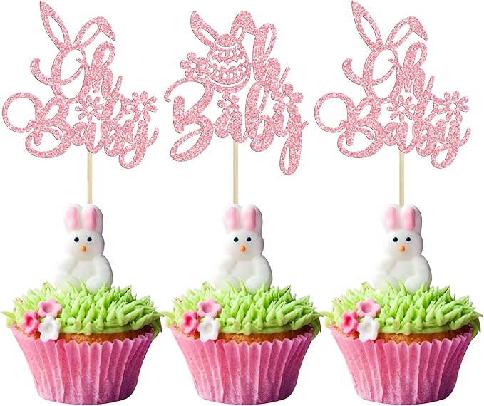 Ephlyn 24PC Happy Oh Baby Cupcake Toppers - Pink Glitter Bunny Babyshower Cake Topper Decorations - Birthday Party Supplies