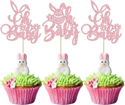 Ephlyn 24PC Happy Oh Baby Cupcake Toppers - Pink Glitter Bunny Babyshower Cake Topper Decorations - Birthday Party Supplies