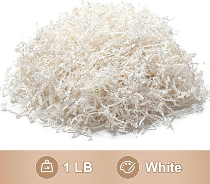 Wowxyz 1 LB Crinkle Cut Paper Shred White Crinkle Shredded Paper for Gift Baskets - Gift Box Bag Filler - Confetti Stuffing for Birthday, Holiday Present Packaging Wrapping