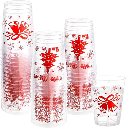 WELLIFE 60Pcs Red Christmas Plastic Cups, 10oz Merry christmas Cups, Red Plastic Tumblers with Christmas Tree and Bells Design, Disposable cups for Daily Use, Holiday Party Supplies