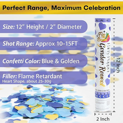2 Pack Blue Heart-Shaped Confetti Poppers for Baby Gender Reveal | Blue Paper and Gold Mylar Baby Boy Party Supplies