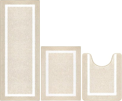 Pauwer Bathroom Rugs Sets 3 Piece Bathroom Shower Rugs with U-Shaped Contour Toilet Mat Absorbent Microfiber Plush Bath Mats Non Slip Bath Rugs Machine Washable Shaggy Bath Floor Mats, Light Beige