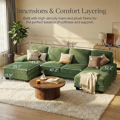 Homall Modular Sectional U Shaped Sofa Couches for Living Room, Comfy Corduroy 4 Seat Sofa Set with Removable Pillows, Lounge Chaise Upholstered Couch for Apartment (Corduroy, Dark Green)