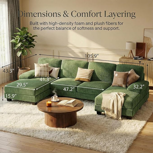 Homall Modular Sectional U Shaped Sofa Couches for Living Room, Comfy Corduroy 4 Seat Sofa Set with Removable Pillows, Lounge Chaise Upholstered Couch for Apartment (Corduroy, Dark Green)