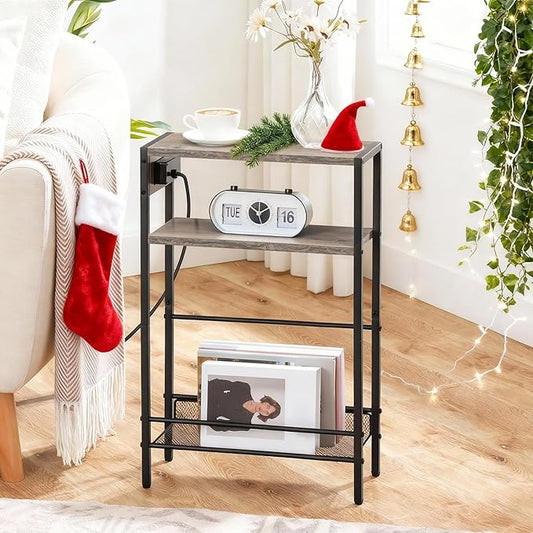 HOOBRO Small Narrow Side Table with Charging Station Set of 2, Skinny End Table for Small Spaces, Slim Nightstand with USB Ports Outlet, Sofa Beside Table with Storage Shelf BG102UBZP201