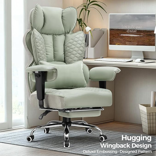 COMHOMA Big and Tall Office Chair Wide Ergonomic Gaming Chair with Deluxe Embossing Designed Leather with Foot Rest,150°Reclining Adjustable Armrests Pocket Spring Back Support and Pillow