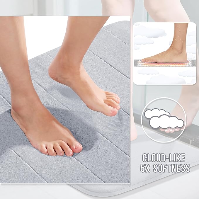 Yimobra Memory Foam Bath Mat, Super Soft Absorbent Bathroom Rug Non Slip 31.5x20 Inch, Quick Dry, Machine Washable Floor Carpet for Tub Shower, Home Decor Accessories, Silver