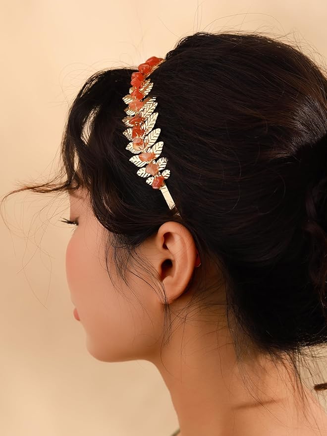 MINACHI Carnelian Leaf Crown Headband, Gold-Tone Wire Wrap Boho Hair Accessory, Jewelry for Women Mother's Day