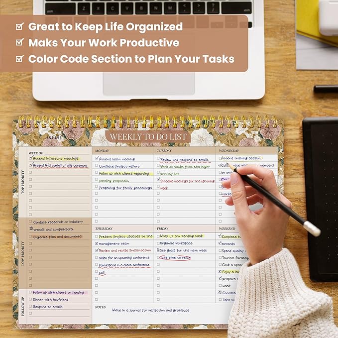 Weekly To Do List Notepad with 52 Undated Sheets（8.5"×11"）- Undated Weekly Planner Notepad for Office Desk Accessories and Supplies - Toffee Blossom