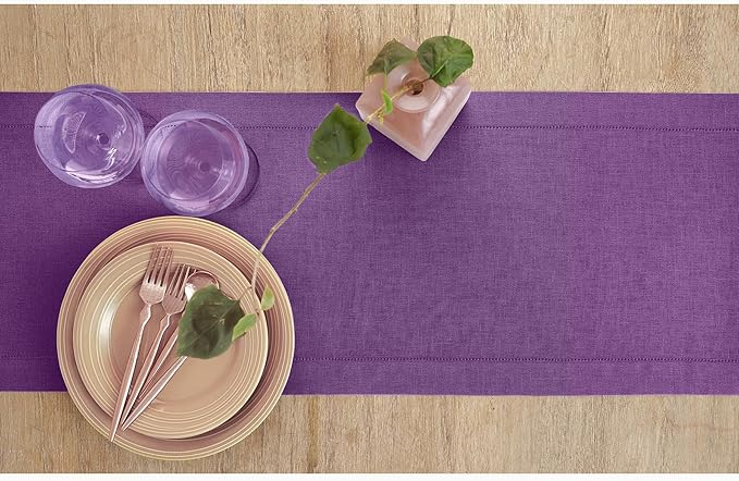 Solino Home Linen Table Runner 90 Inches Long - Classic Hemstitch 100% Pure Linen Purple Dining Table Runner 14 x 90 Inch for Fall, Autumn, Holiday, Christmas, New Year
