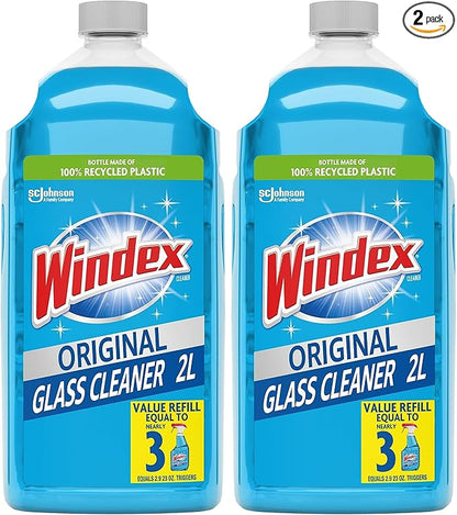 Windex Glass Cleaner Spray Refill, Original Blue Window Cleaner Works on Smudges and Fingerprints, Bottle Made of 100% Recovered Coastal Plastic, 2L (Pack of 2)
