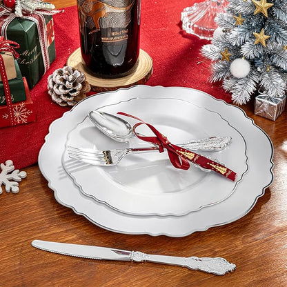 WDF 200 Pieces Silver Plastic Silverware Disposable - 50Guests Silverware Plastic Cutlery - Disposable Utensils Includes 100 Forks, 50 Spoons, 50 Knives Perfect for Christmas Wedding or Party