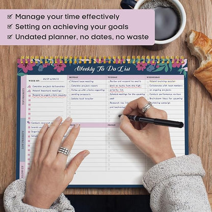 Taja Weekly To Do List Notepad with 52 Undated Sheets（8.5"×11"）- Weekly Desk Planner for Women & Man, Work and Home - 1 Pack Twilight Petals