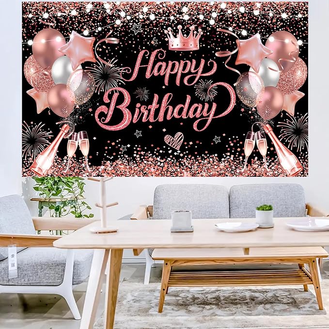 YinQin 180x120 cm Glitter Rose Golden Happy Birthday Party Backdrops Cloth 71x47 inch Pink Golden Bday Photography Backgrounds Black Rose Gold Happy Birthday Sign Banner Decorations for Girl Women