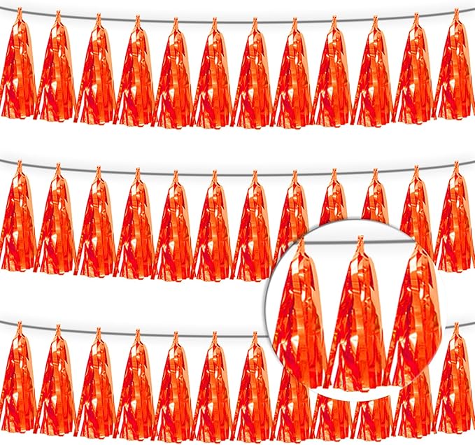 3P Orange Tassel Banner Garland Metallic Foil Fringe Banner Tinsel Tassels Streamer Banner Backdrop for Parade Floats, Graduation Decorations, Father's Day, Fall, Thanksgiving Party Decoration
