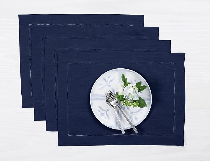 Solino Home Linen Placemats Set of 4 - Classic Hemstitch Navy Blue Placemats 14 x 19 Inch - 100% Pure Linen Table Mats for Fall, Autumn, Christmas, Holiday, Winter, New Year