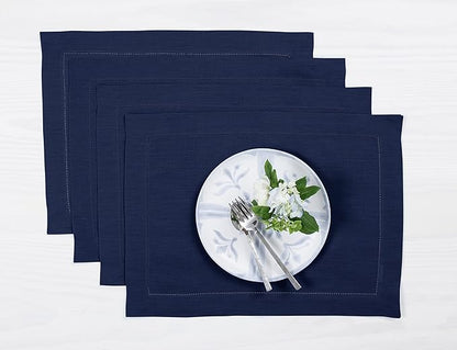 Solino Home Linen Placemats Set of 4 - Classic Hemstitch Navy Blue Placemats 14 x 19 Inch - 100% Pure Linen Table Mats for Fall, Autumn, Christmas, Holiday, Winter, New Year