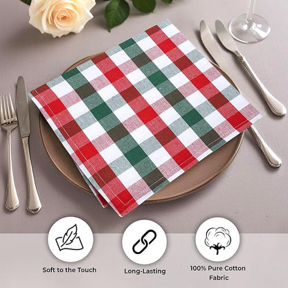 Urban Villa Cloth Napkins Set of 12 20x20 Inches 100% Cotton Napkins Cloth Washable Durable Reusable Absorbent Table Dinner Napkins Cloth for Christmas Hotel Lunch Restaurant Parties -X MAS Checks