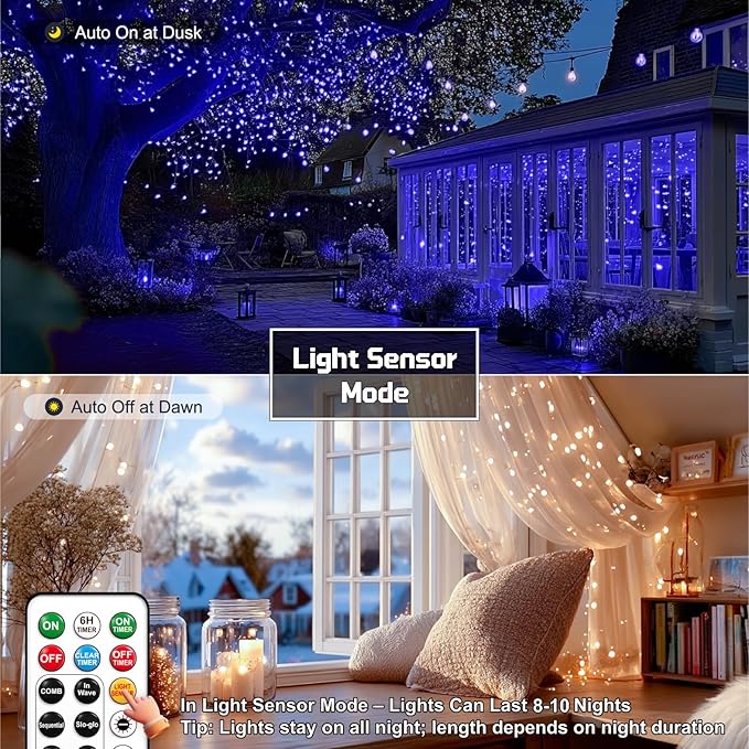 HXWEIYE Rechargeable Fairy Lights with Remote, 2 Pack 33ft 100LED Twinkle Lights with DIY Timer & Light Sensor, Waterproof Outdoor String Lights for Bedroom Patio Christmas Tree Decor, Blue
