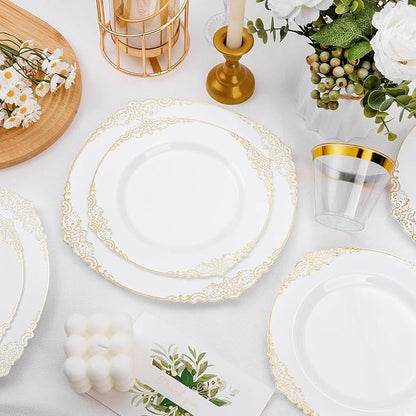 100 PCS White and Gold Plastic Plates for 50 Guests, Gold Disposable Plates Include 50 PCS Dinner Plates, 50 PCS Dessert Plates for Party, Wedding and Graduation