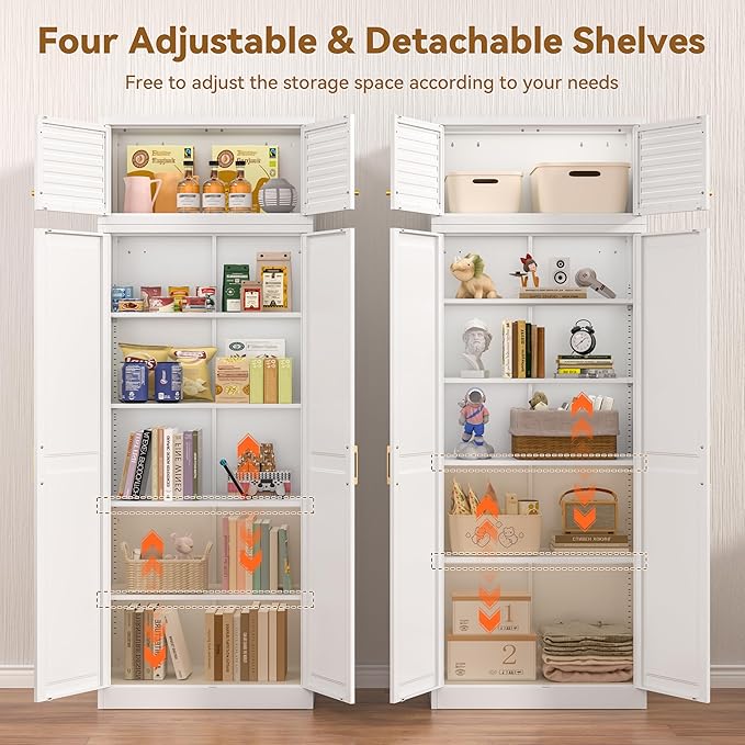 Kitchen Pantry Cabinet, 86 Inch Tall Metal Storage Cabinet, Metal Pantry cabinets with Doors and Shelves, White Storage Cabinets for Living, Dining, Office, Bathroom, Garage, Assembly Required