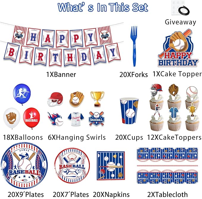 161PCS Baseball Birthday Party Decorations, Baseball Party Supplies Plates and Napkins Set, Tableware,Banner, Hanging Swirls, Tablecloth, Cake Cupcake Topper, Ballons