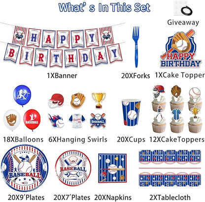 161PCS Baseball Birthday Party Decorations, Baseball Party Supplies Plates and Napkins Set, Tableware,Banner, Hanging Swirls, Tablecloth, Cake Cupcake Topper, Ballons