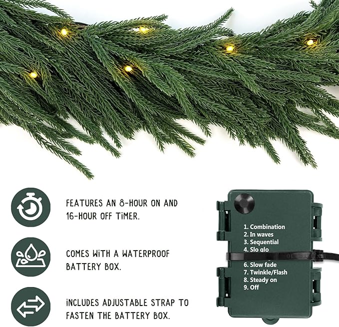 6ft Christmas Garland with Lights,Thick Norfolk Pine Garland, Realistic Green Garlands for Mantle, Stair Railing, Battery Operated Indoor/Outdoor New Year Holiday Decoration with Timer