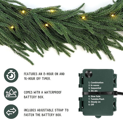 9ft Christmas Garland with Lights, Norfolk Pine Garland, Realistic Green Garlands for Mantle, Stair Railing, Battery Operated Indoor/Outdoor New Year Holiday Decoration with Timer