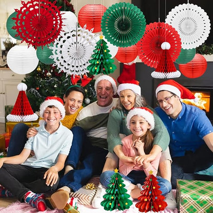 Christmas Paper Lanterns Decoration,19PCS Red Green Lanterns Handmade with Tape and String, Fans,Hanging Paper,Santa Hat for Christmas Party, New Year Eve Party