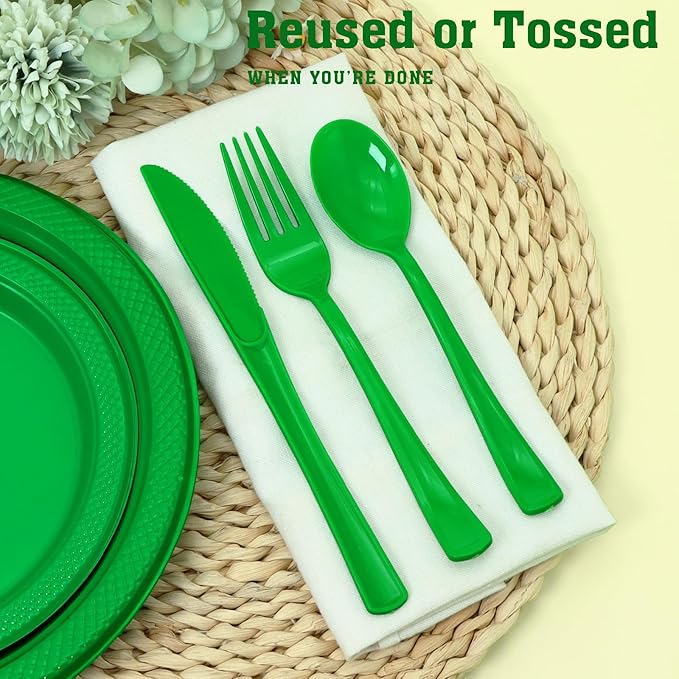 150 Pack Green Plastic Silverware, Green Utensils, Disposable Plastic Cutlery Set Include 50 Forks, 50 Knives, 50 Spoons for St Patrick's Day, Birthday, Graduation Party