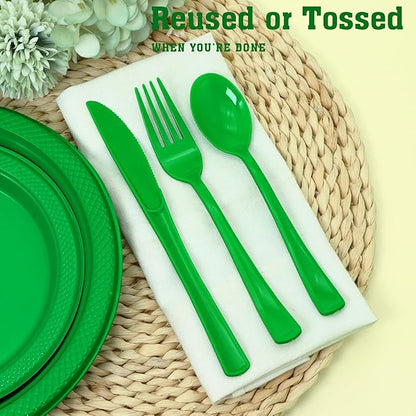 150 Pack Green Plastic Silverware, Green Utensils, Disposable Plastic Cutlery Set Include 50 Forks, 50 Knives, 50 Spoons for St Patrick's Day, Birthday, Graduation Party