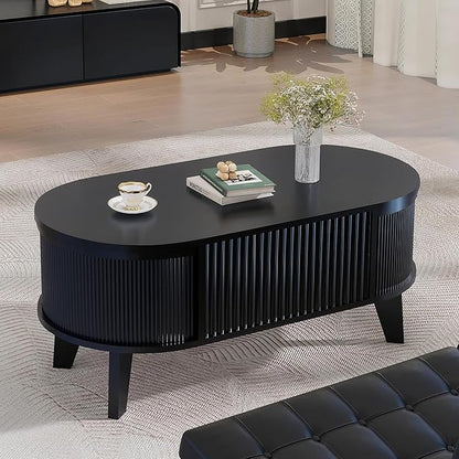 LYNCOHOME Fluted Lift Top Coffee Table with Storage,Modern Oval Coffee Table for Living Room or Home Office(Black)