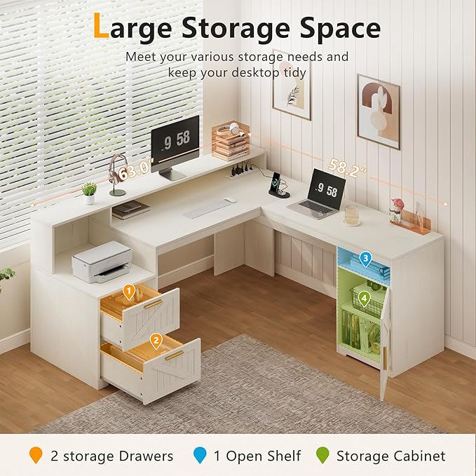 63" Farmhouse L Shaped Executive Desk with Drawers & Storage Shelf, Corner Computer Desk with Power Outlets, L Shaped Office Desk with Monitor Stand, Printer Shelf, White