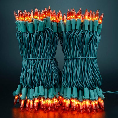 YULETIME 200 Orange Christmas Lights, Pack of 2 Sets 33 Feet 100 Count UL Certified Incandescent String Lights (Orange - Green Wire)