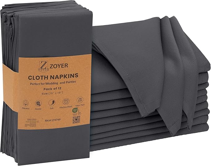 Zoyer Cloth Napkins Set of 12, 18x18 Inches Cotton Enrich Napkins Cloth ‎Washable, Soft & Durable Dinner Napkins for Parties, Wedding, Christmas, ‎Thanksgiving & Everyday Use - Dark Grey