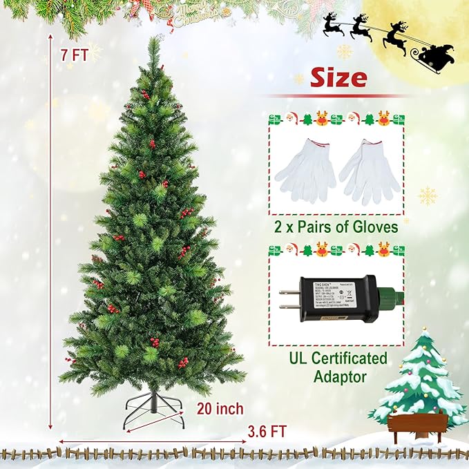 GOFLAME 7FT Pre-Lit Christmas Tree, Hinged Artificial Xmas Tree with Pine Needles, 974 Branch Tips, 36 Clusters of Red Berries, 400 LED Lights, 9 Lighting Modes, 4 Brightness, Remote Control & Timer
