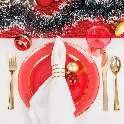 LIYH 180 Pcs Clear Red Plastic Plates Disposable - Red Dinnerware Set, Include Red and Gold Plates, Dinner Plate, Dessert Plate, Gold Plastic Silverware for Birthday Party