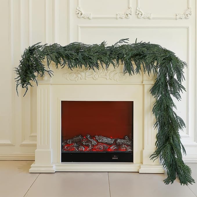 Norfolk Pine Garland Artificial Real Touch Green Thick Faux Norfolk Pine & Cedar 6FT Greenery Christmas Decor for Mantle Fireplace Wall Table Railings Indoor Outdoor Xmas Decorations
