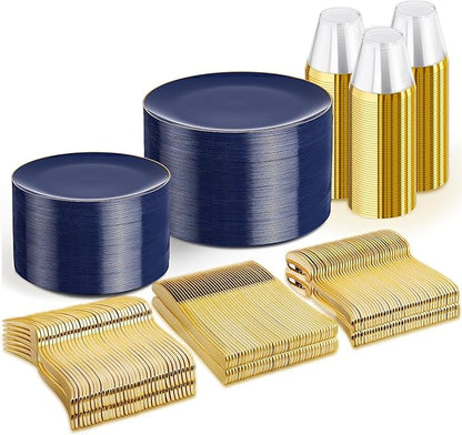 WDF 300PCS Navy Blue Plates Disposable - Blue Plastic Plates 50guest Heavy Duty Plastic Dinnerware Sets for Hanukkah/Party/Wedding/Birthday