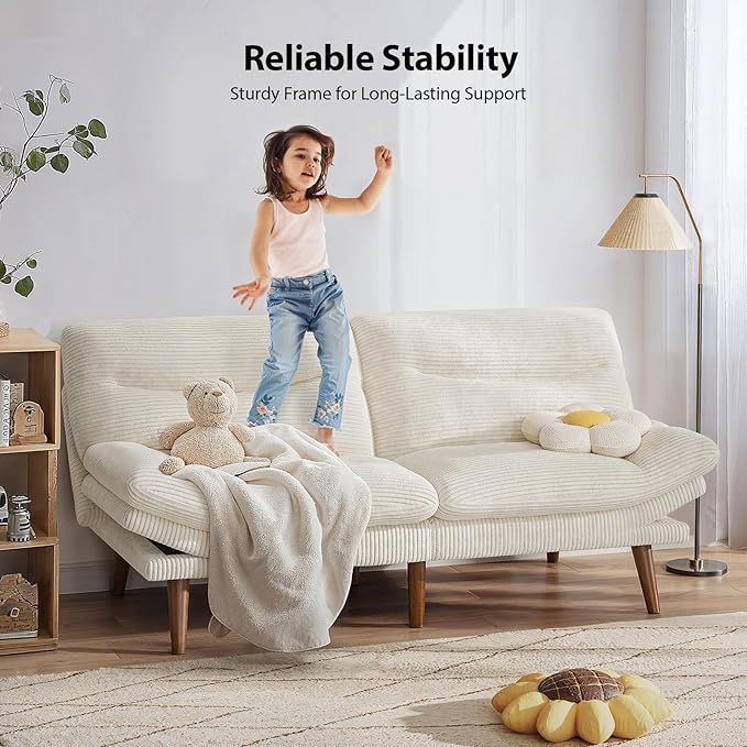 Pipishell Futon Sofa Bed, 66 Inch Corduroy Futon Couch Convertible with Adjustable Backrest and Armrests, Recliner Sleeper Sofa for Small Spaces, Living Room, Office, Guest Room (White, 66 Inch)