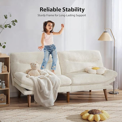 Pipishell Futon Sofa Bed, 66 Inch Corduroy Futon Couch Convertible with Adjustable Backrest and Armrests, Recliner Sleeper Sofa for Small Spaces, Living Room, Office, Guest Room (White, 66 Inch)