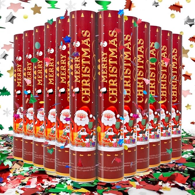 Christmas Confetti Cannon 12Pack Poppers 12inch Party Poppers with Foil Multicolor Xmas Confetti Metallic for New Year Festive Events Holiday Celebration Party Decor
